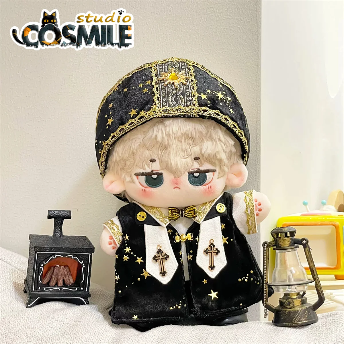 Handwork No Attributes Crucifix Black Gothic Priest Pope Church Suit Costume 20cm Plush Doll Clothes Dolls Accessories LR