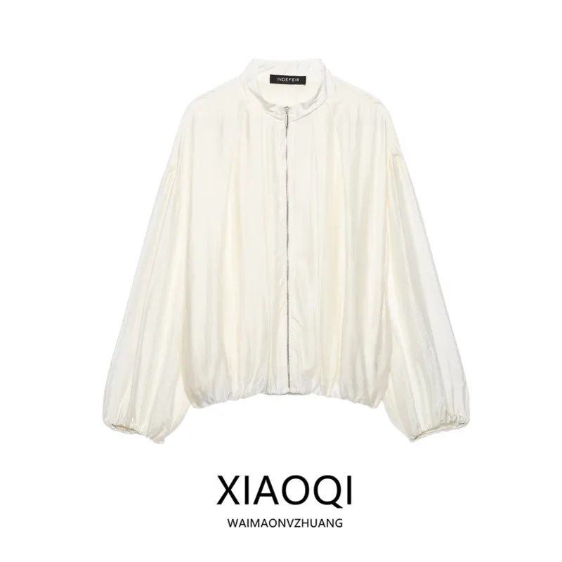 New 2026 Early Autumn Women's Long Sleeve Stand Collar Pleated Pilot Jacket Outerwear Commute Style Standard Fit Zipper Closure