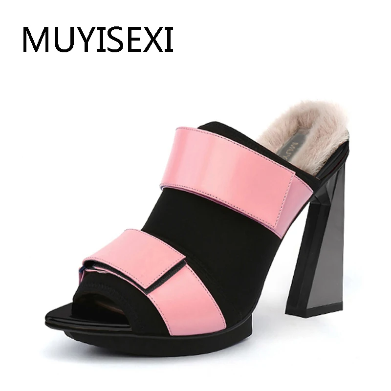 Women Mules Genuine Leather Platform with Rabbite Fur 11cm Extreme High Heels Slippers Women Pink Black White HL123 MUYISEXI