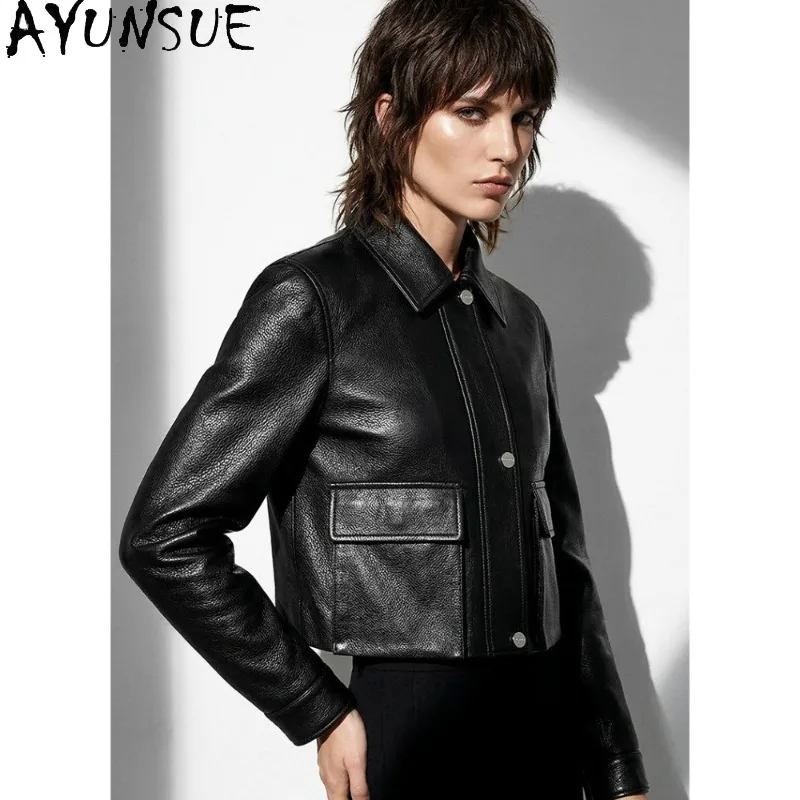 AYUNSUE Women's Real Leather Jackets Short Fitted Goatskin Jackets for Woman Casual Black Outerwears Woman Clothes Ropa Mujer