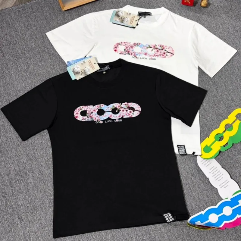 Summer Men Women Breathable Cotton Round Neck Short Sleeve GOODBRAND Tshirts Embroidered Peach Blossoms Good Luck Club Top Tees
