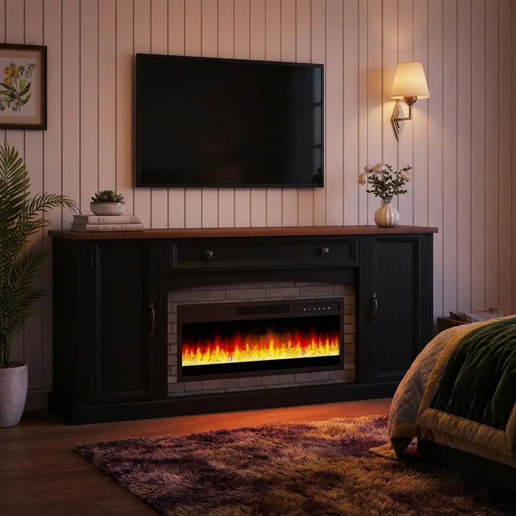 Electric Fireplace TV Stand 30 Inch Insert, Modern Farmhouse Media Console with Stacked Stone Walnut Finish, Entertainme