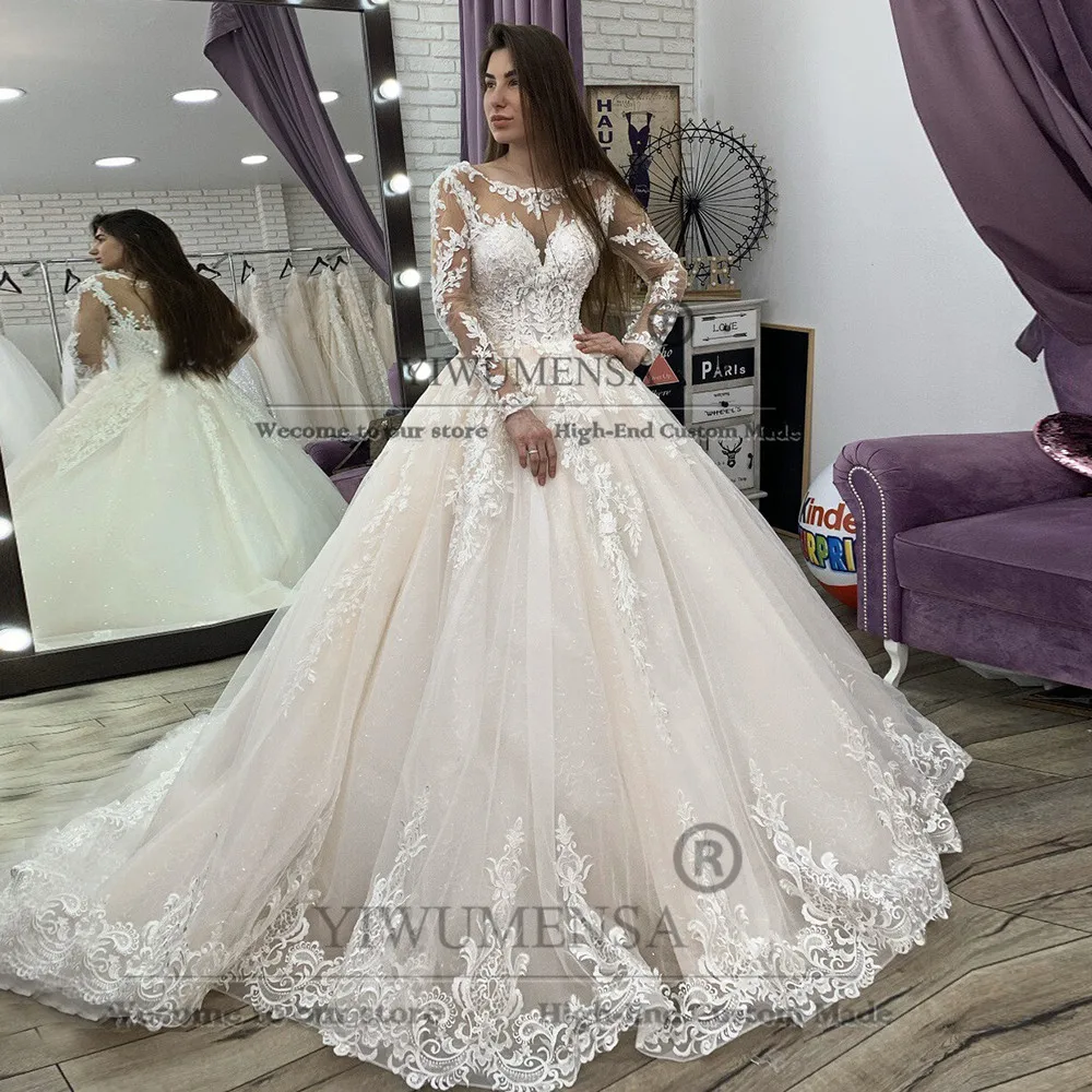 럭셔리 스팽글 튤 아플리케 웨딩 드레스 스쿱 넥 긴 소매 레이스 아플리케 신부 드레스 공식 파티 드레스