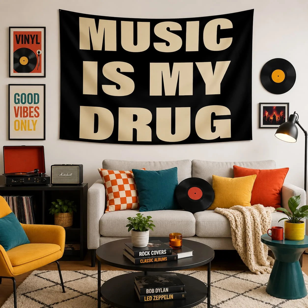 1pc Music Is My Drug Quote Tapestry, Designed for Music Lovers, Featuring a Minimalist Black And Brown Font, Adding a Trendy Decorative Touch to The Bedroom, Living Room, Or Music Studio