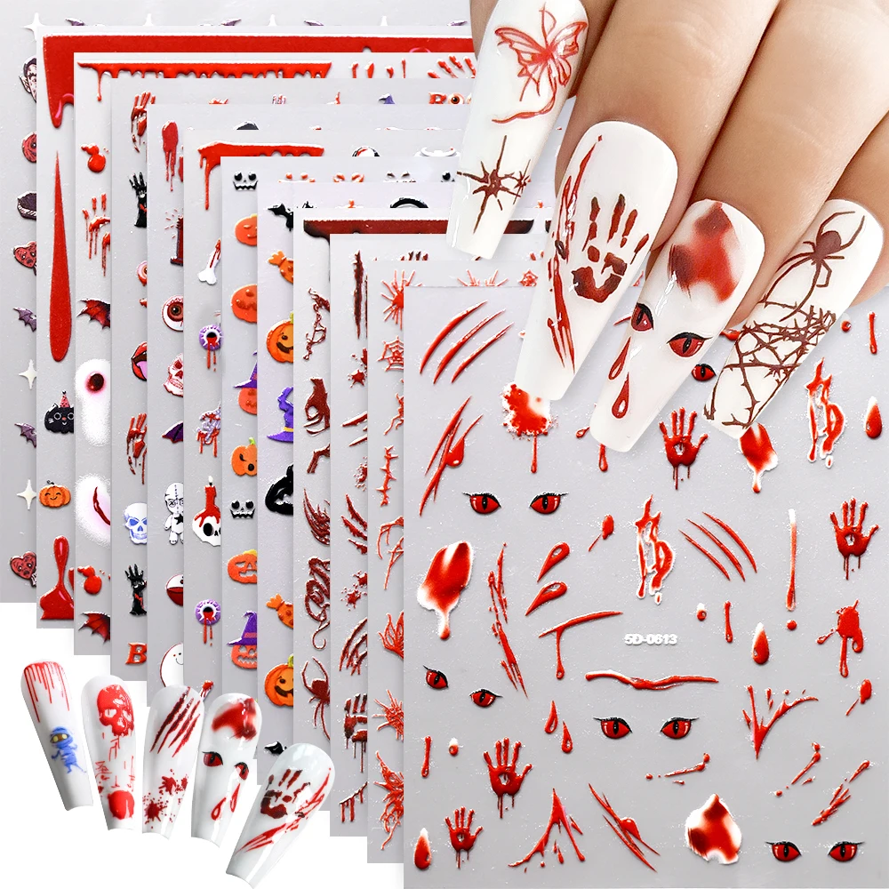 Naklejki na paznokcie 5D na Halloween Dynia Duch Czaszka Czerwona Krew Ręka Szkielet Wzory Naklejki na Paznokcie Horror Oko Dekoracje Paznokci
