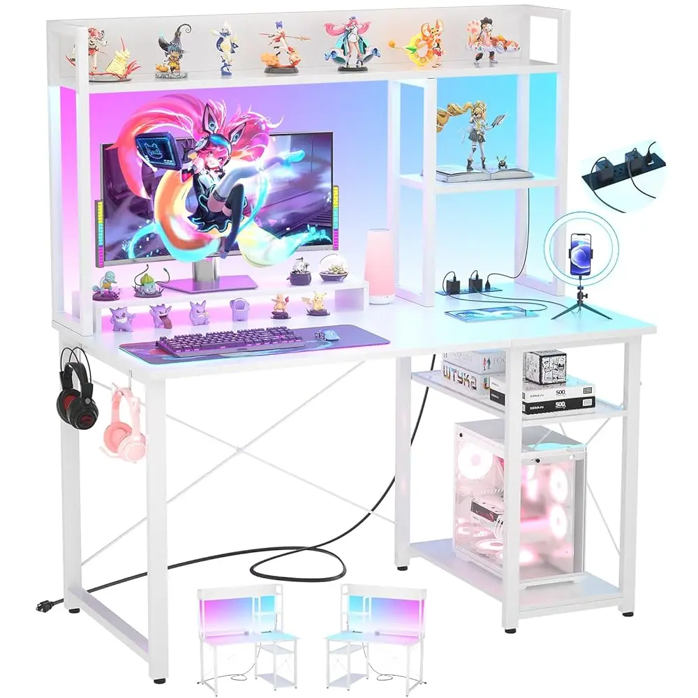Gaming Desk With Hutch, 39'' Computer Desk With Led Lights & Power Outlets, Home Office Desk With Reversible 5 Tiers Storage