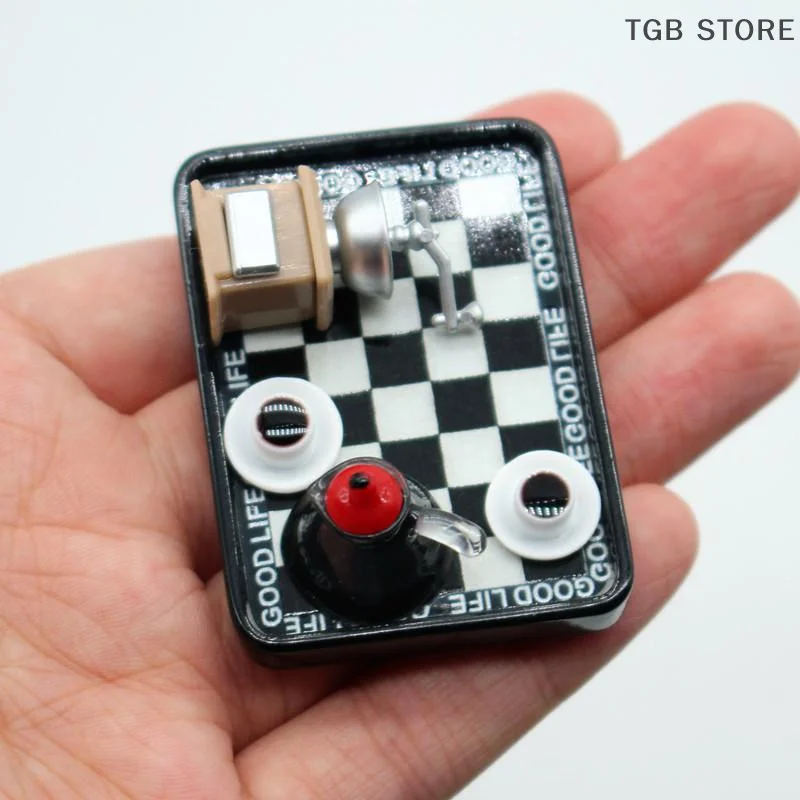 1Set Miniature Coffee Maker Grinder Black And White Checkered Dinner Plate Set Model Accessories Pretend Play Toy