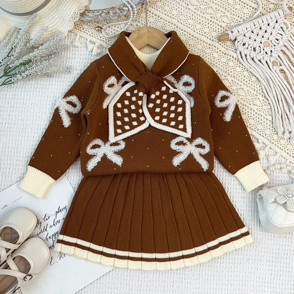2-6 Years Old Navy Blue Sweet and Cute Baby Girls Clothes Autumn/Winter Korean Version Color Blocked Knitted Sweater+Short Skirt