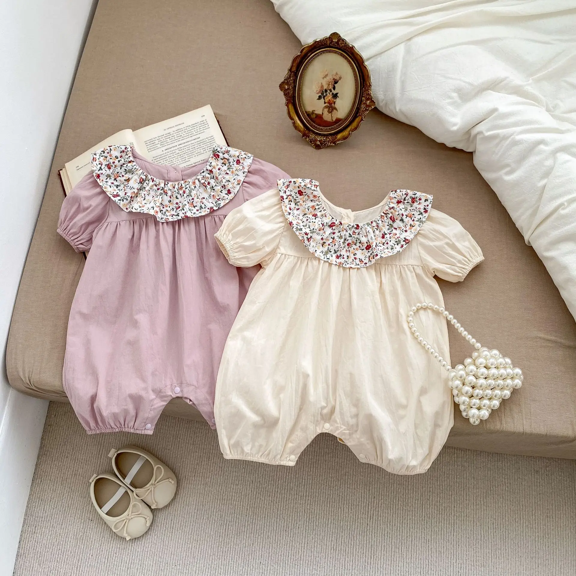 2025 New Baby Summer Outfit Thin Jumpsuit for Baby Girls Floral Lapel Bag Fart Jacket Versatile Short Sleeved Climbing Suit