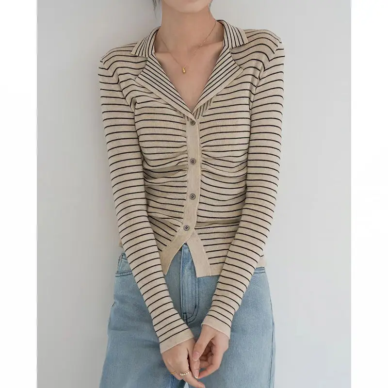 Vintage Striped Knitting Cardigan Female Autumn New Turn-down Collar Long Sleeve Slim Top Tee Women\'s Fashion All-match Sweater