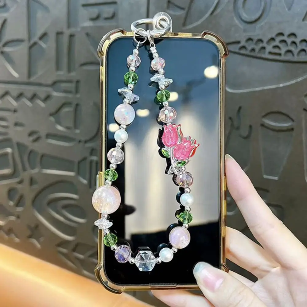 

Tulip Flower Crystal Bead Phone Strap Wrist Chain Anti Loss Cell Phone Chain Handheld Luxury Mobile Phone Lanyard New Year Gift