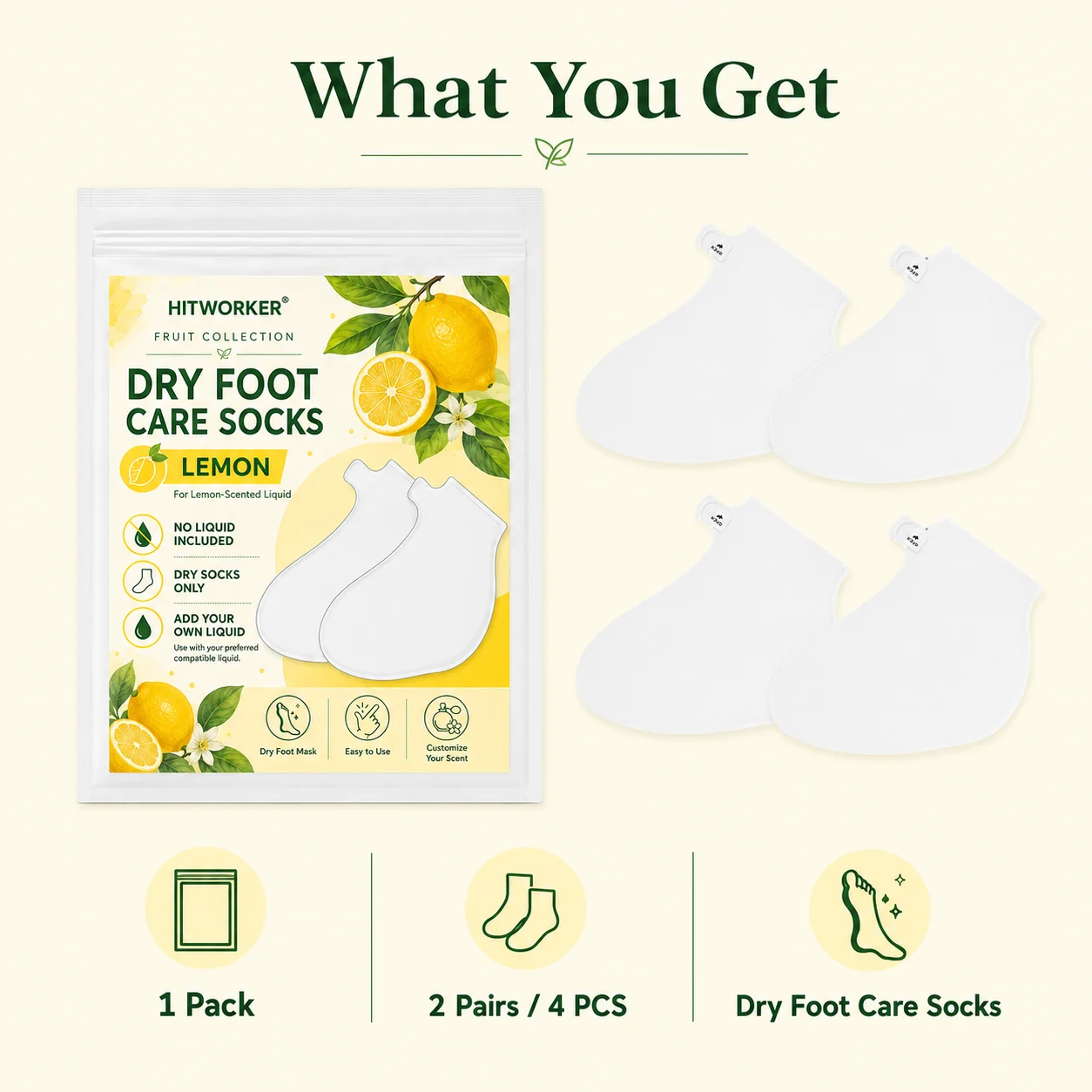 4PCS 2 Pairs Dry Foot Care Socks, Lemon Design DIY Foot Cover Socks, No Liquid Included, Easy Home Use