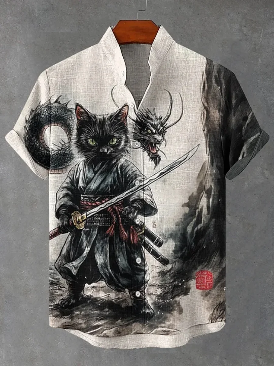 2026 new summer short-sleeved shirt for men, ink dragon pattern warrior print casual loose large size trendy vacation top