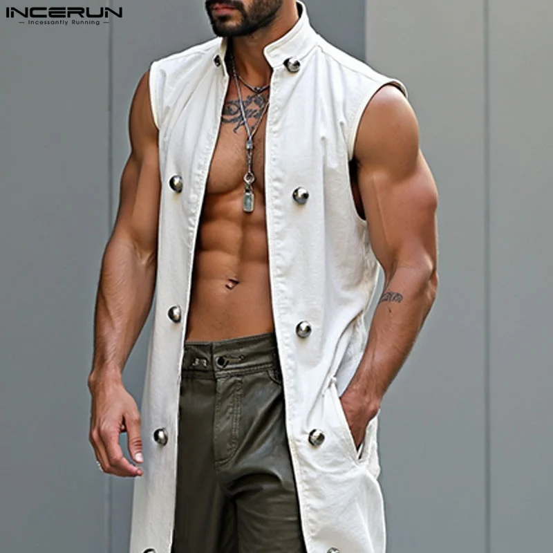 

INCERUN Men Long Style Vests Solid Color Sleeveless Casual Male Waistcoats Streetwear 2025 Open Stitch Fashion Cardigan Vests