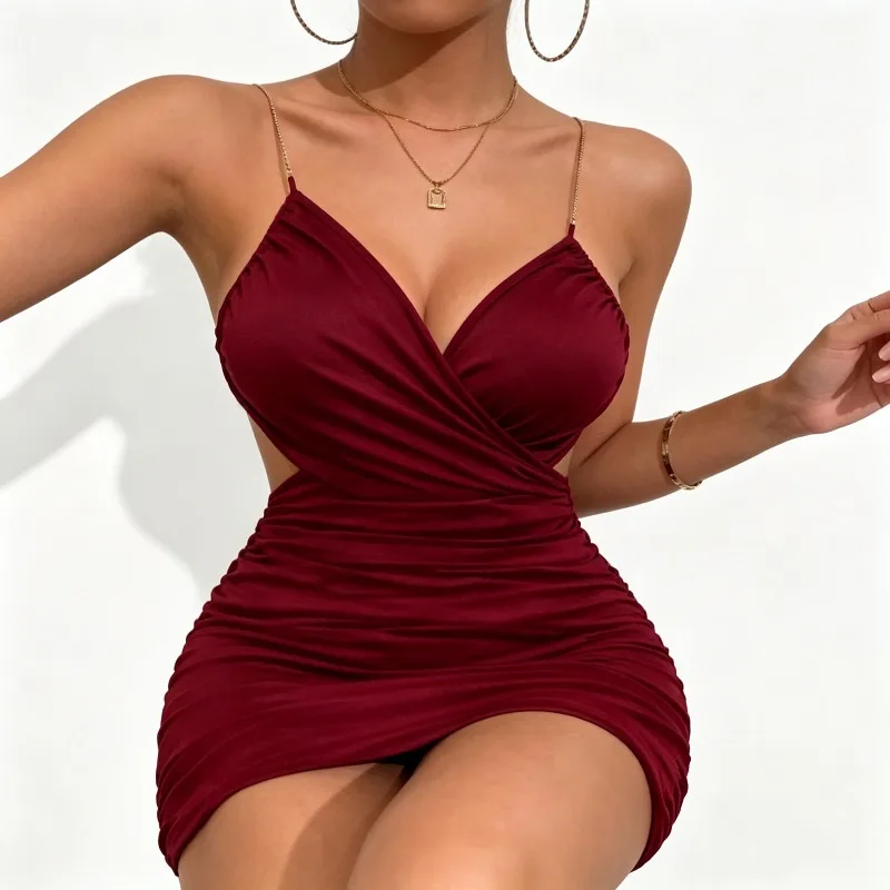 Women Spaghetti Strap Bodycon Mini Dress V Neck Wrap Ruched Cutout Waist Slim Party Club Night Out Elegant Casual Short Dresses