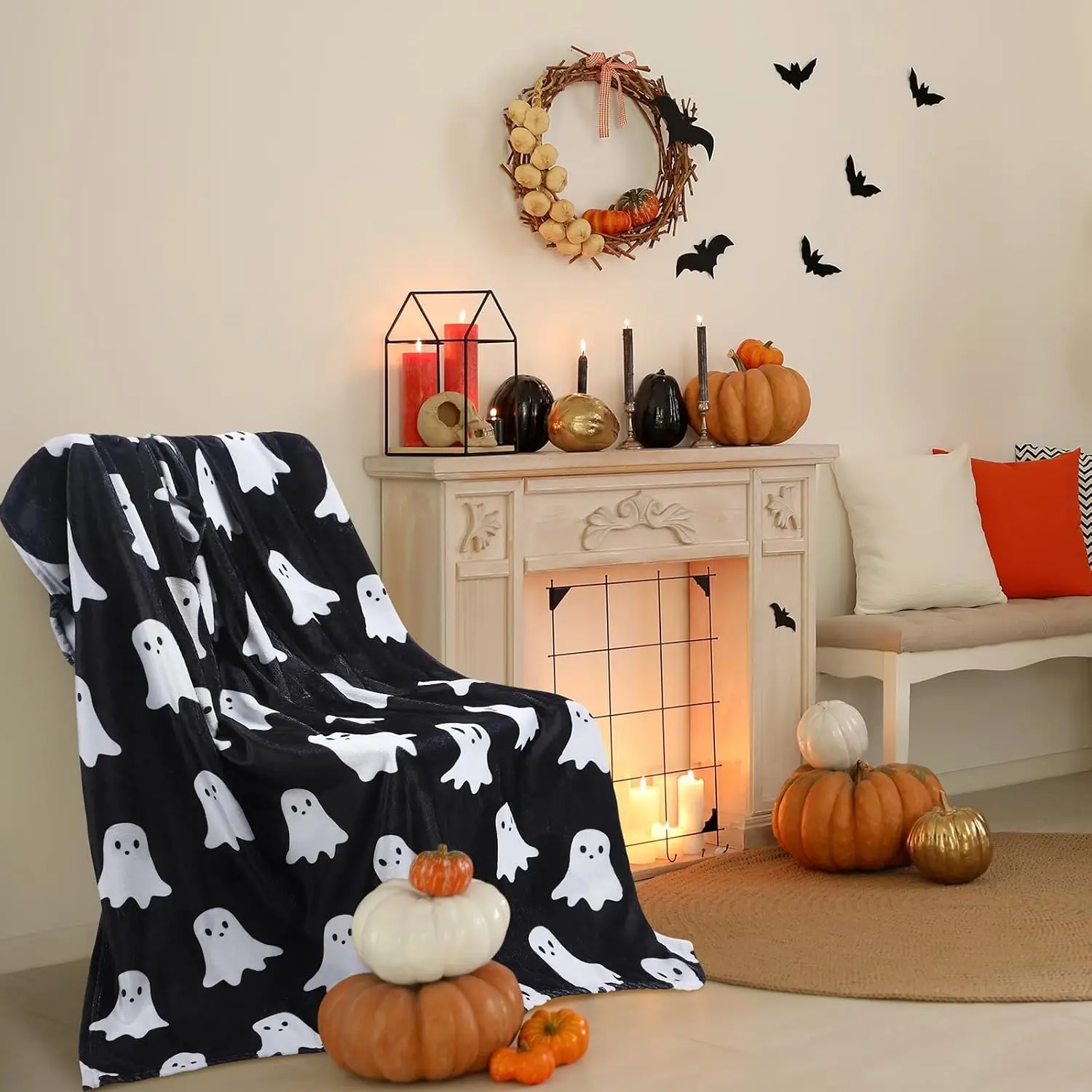 Halloween Ghost Blanket Double Sided Ghost Fleece Throw Blanket 50 x 60 Inches Lightweight Cozy Soft Warm Blanket for Home