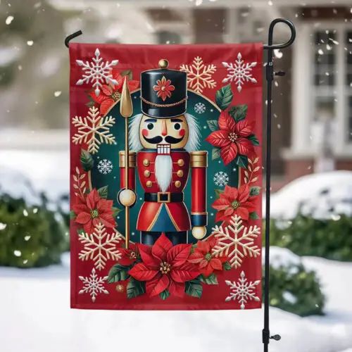 Nutcracker Poinsettia Merry Christmas Flag Garden Flag