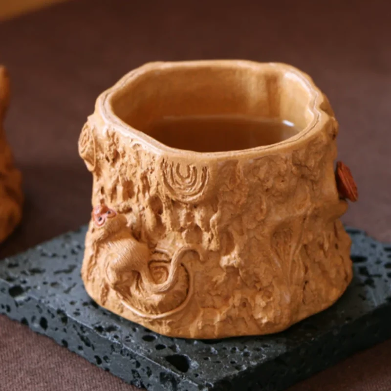 Traditional Yixing Zisha Tea Cup - Hand Carved Relief Monkey Tree Stump Design, Chinese Style Tea Set Accessory
