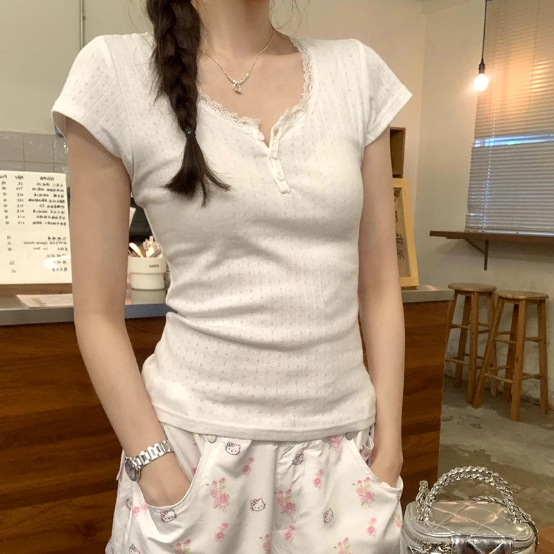 

Y2k Lace Splicing Crop Tops Women Solid Color Short Sleeve T-shirt Summer New Temperament Slim Fit Top