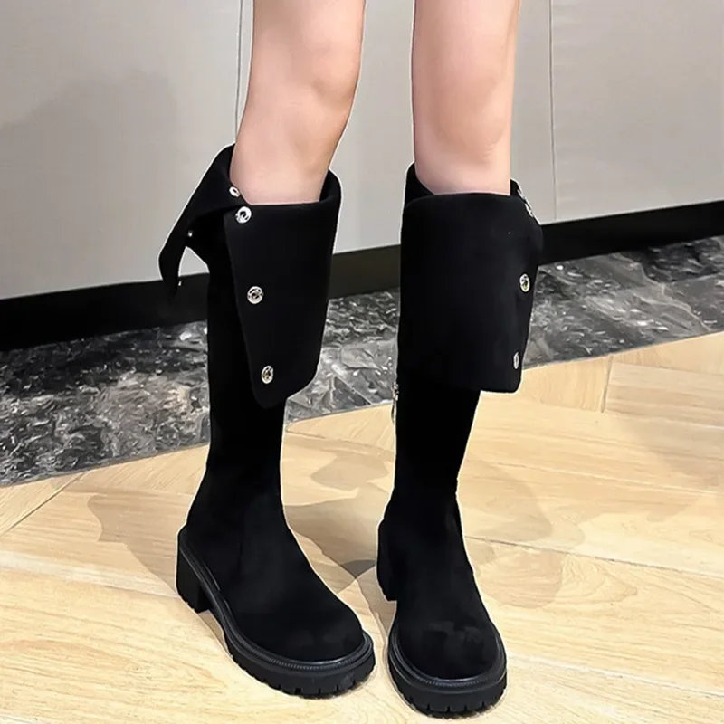 Retro Over The Knee Cowboy Boots Women Autumn Platform Shoes Fashion Suede Thigh High Knight Boots Chunky Heel Motorcycle Botas