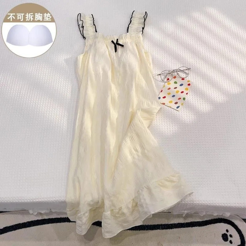 New Teen Girls Summer Mid-length Nightgown Chest Padding Women Lady Camisole Loungewear Soft Home Pajamas Ladies Loose Nightgown
