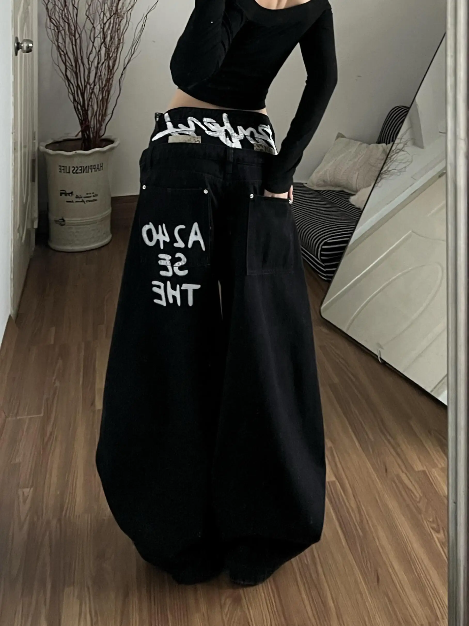 Cool Girl American Style High Waist Knife  Wide Leg Jeans Women's Loose Fit Floor Length Pants Letter Print Casual Jeans