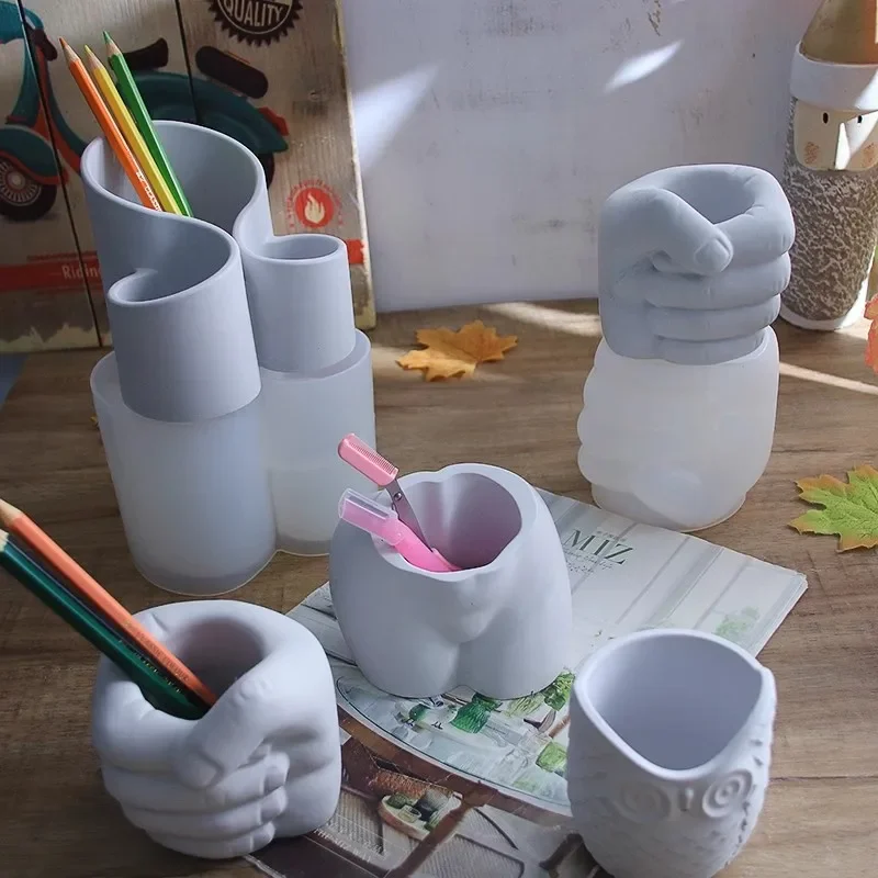 DIY Resin Storage Vase And Fist Pen Holder Set with Crystal Drop Glue Cement Concrete Plaster Silicone Mold