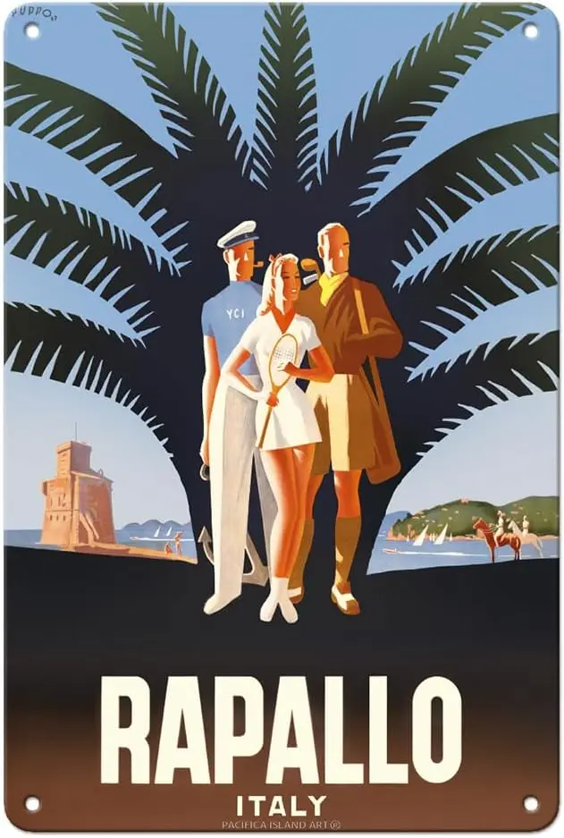 Pacifica Island Art Rapallo Italy - Vintage Travel Poster by Puppo c.1947-8 x 12 inch Vintage Metal Tin Sign