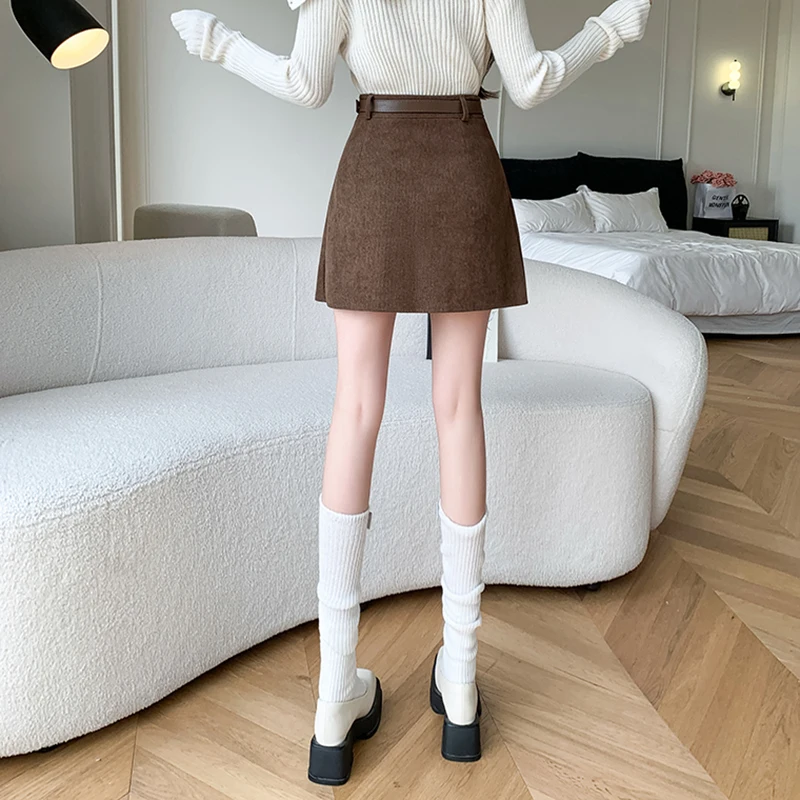Herbst Winter Verdicken Cord Frauen Falten Rock Mit Gürtel 2024 Hohe Taille Casual Vintage Fracht Kurze Röcke Mädchen