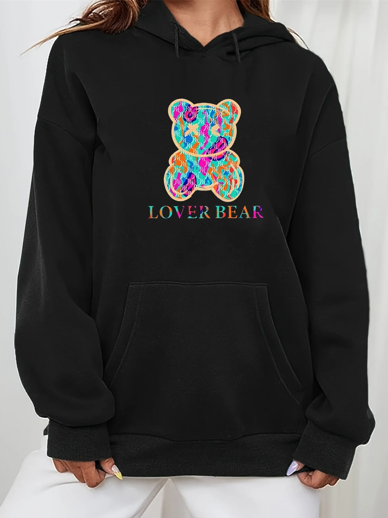 Women's autumn and winter warm loose casual cute bear pattern printed velvet long sleeved hooded sweatshirt
