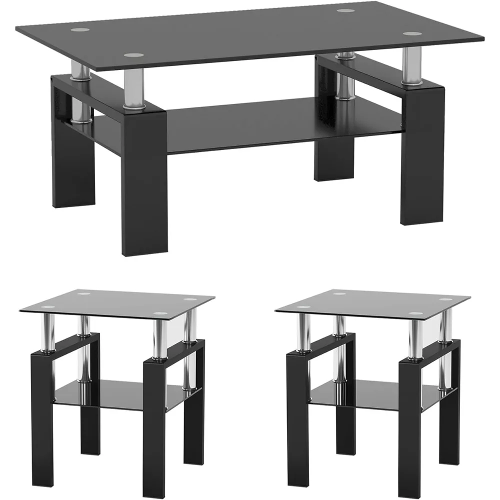 طقم طاولة زجاجية حديثة مكونة من 3 قطع مع إطار معدني أسود وطاولة قهوة من الزجاج المقسى #6