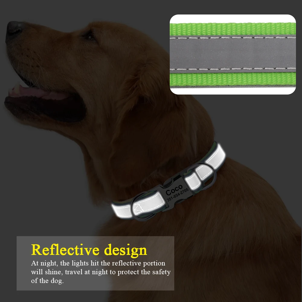 Collar de nailon para perro, accesorio reflectante y suave, personalizado, duradero, ajustable, para cachorros pequeños, medianos y grandes