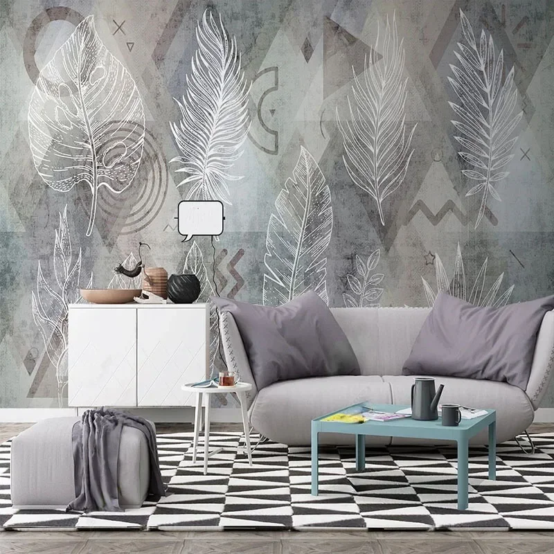 Custom Photo Wallpaper Modern Line Drawing Tropical Plant Leaves Geometric Mural Retro TV Background Wall Mural Papel De Parede