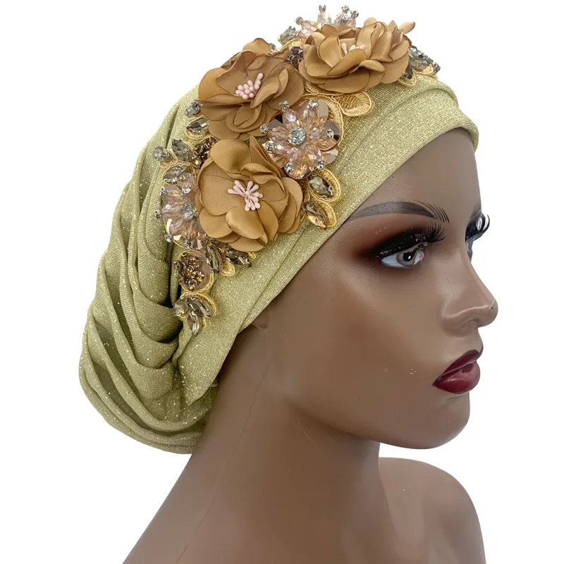 Diadema nigeriana para mujer, gorro de fiesta para mujer, turbante plisado brillante con ramo de diamantes, diadema africana, envoltura para la cabeza, novedad de 2023