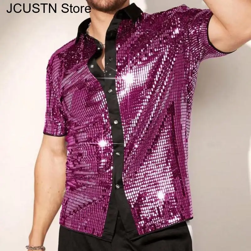 Mens Dress Shirt Stage Costume Shiny Sequin Short Sleeve Shirts Cosplay Clothing Lapel Glitter Shirt 2025 Summer New Retro Top