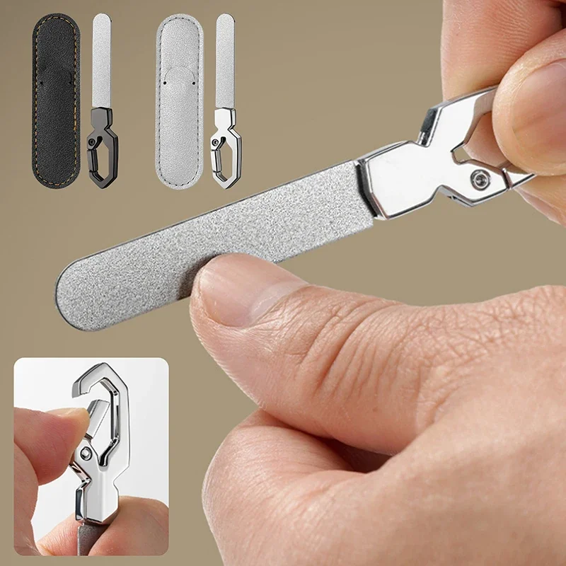 ملفات أظافر مزدوجة الجوانب من الفولاذ المقاوم للصدأ شريط مبرد تلميع الأظافر مع سلسلة مفاتيح مانيكير وباديكير لأصابع القدم