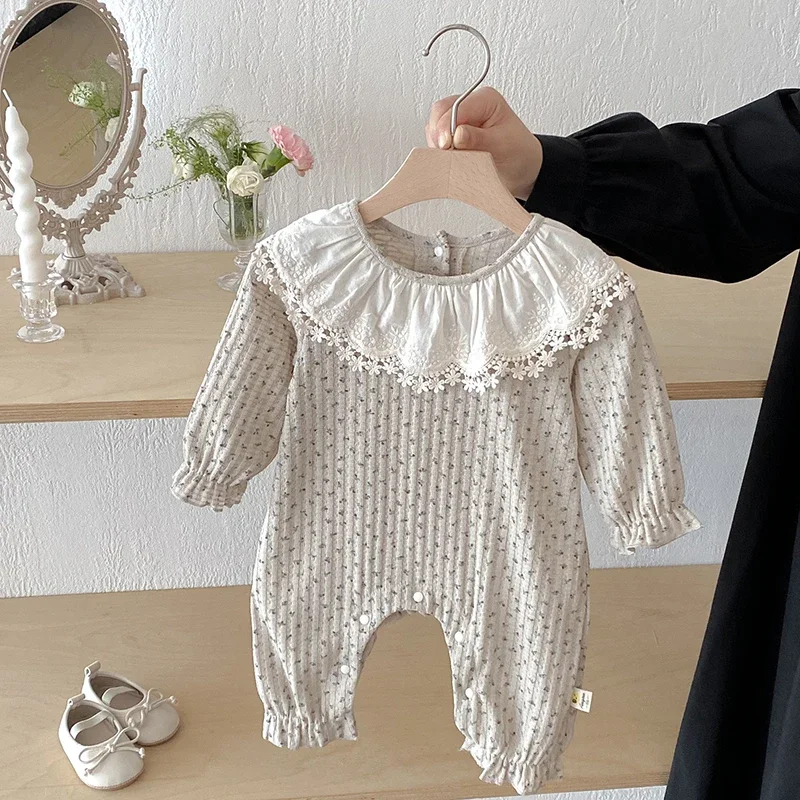 

2025 New Autumn Infant Baby Girls Jumpsuit Long Sleeves Lace Splice Toddler Baby Girl Romper 0-24M Baby Girl Clothing