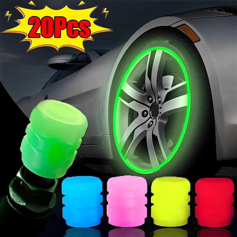 20pc tampas de válvula luminosa fluorescente noite brilhante decoração carro motocicleta bicicleta roda hub válvula tampa da haste estilo acessórios do carro