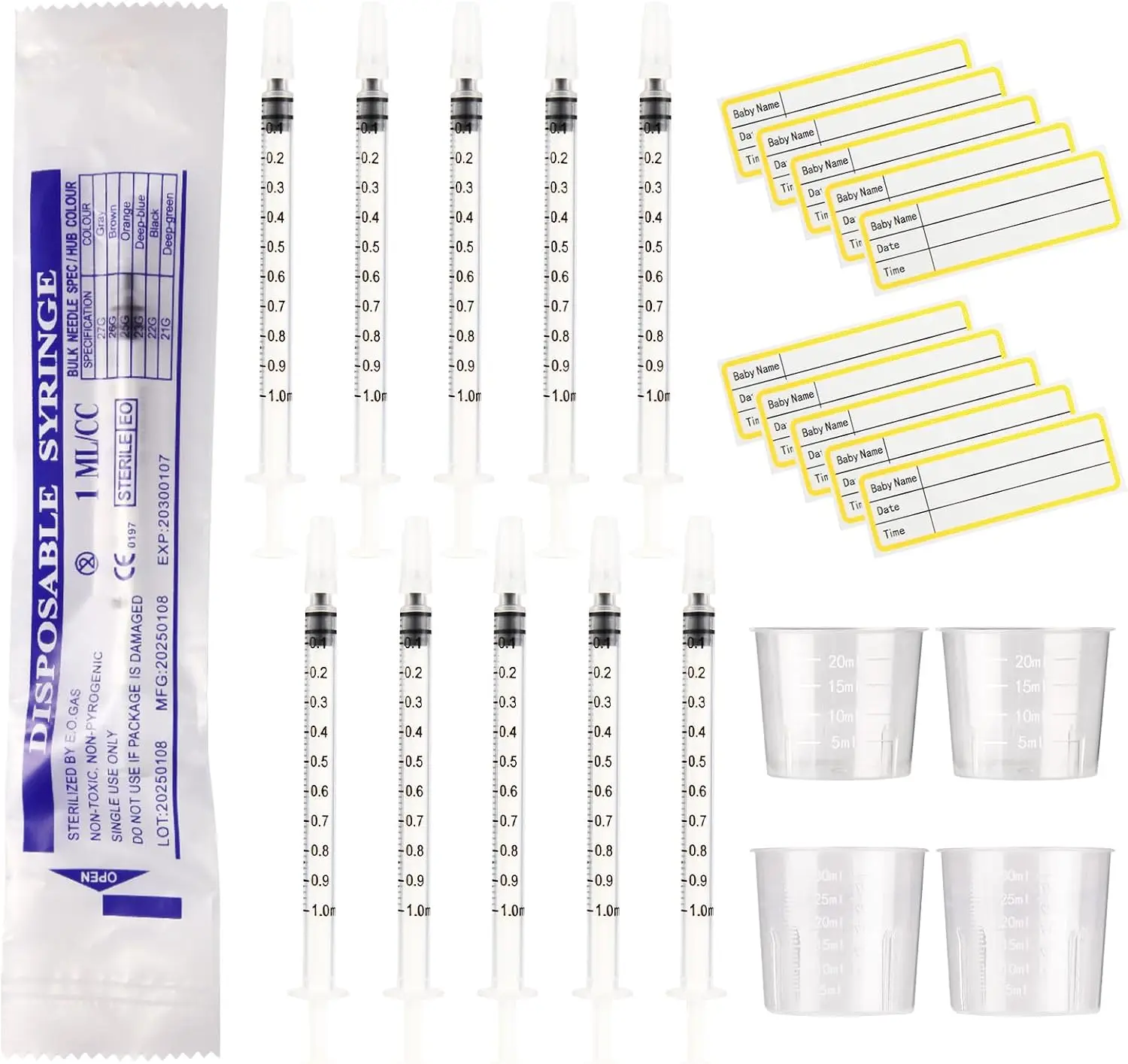 10Pcs 1ml Syringes With Caps No Needle Colostrum Syringe, 20ml 30ml Measuring Cups and 10 Stickers, for Refilling and Measuring
