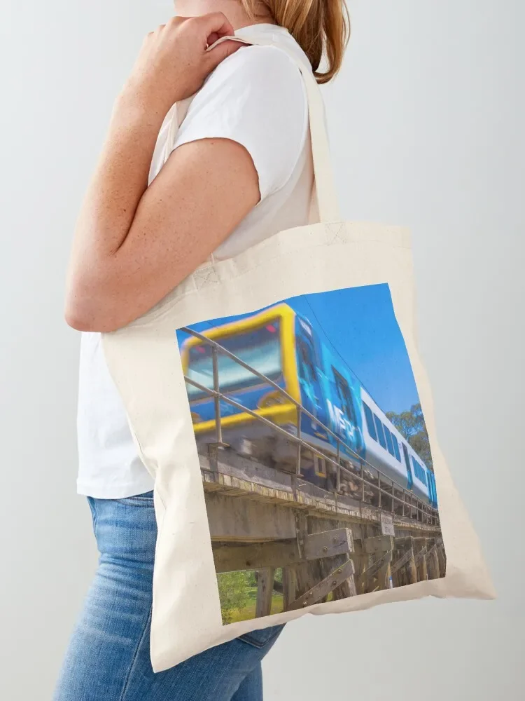 

Melbourne Metro Train on a Trestle Bridge in Eltham Tote Bag female bag Shopper handbag Large bags for women