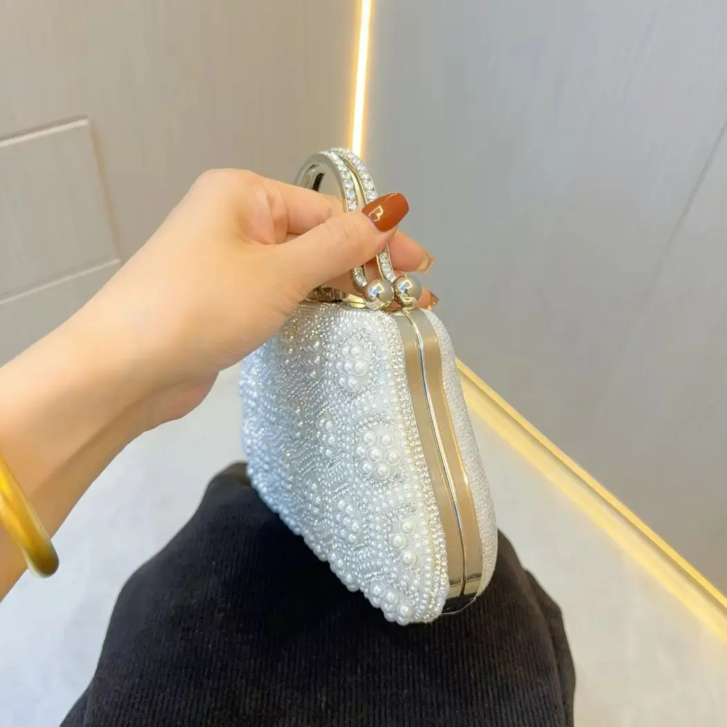 White Beading Tote Bag for Women Elegant Clutch Purse Black Pearl Handbag Wedding Party Prom Bag Vintage Crossbody Bag view 3