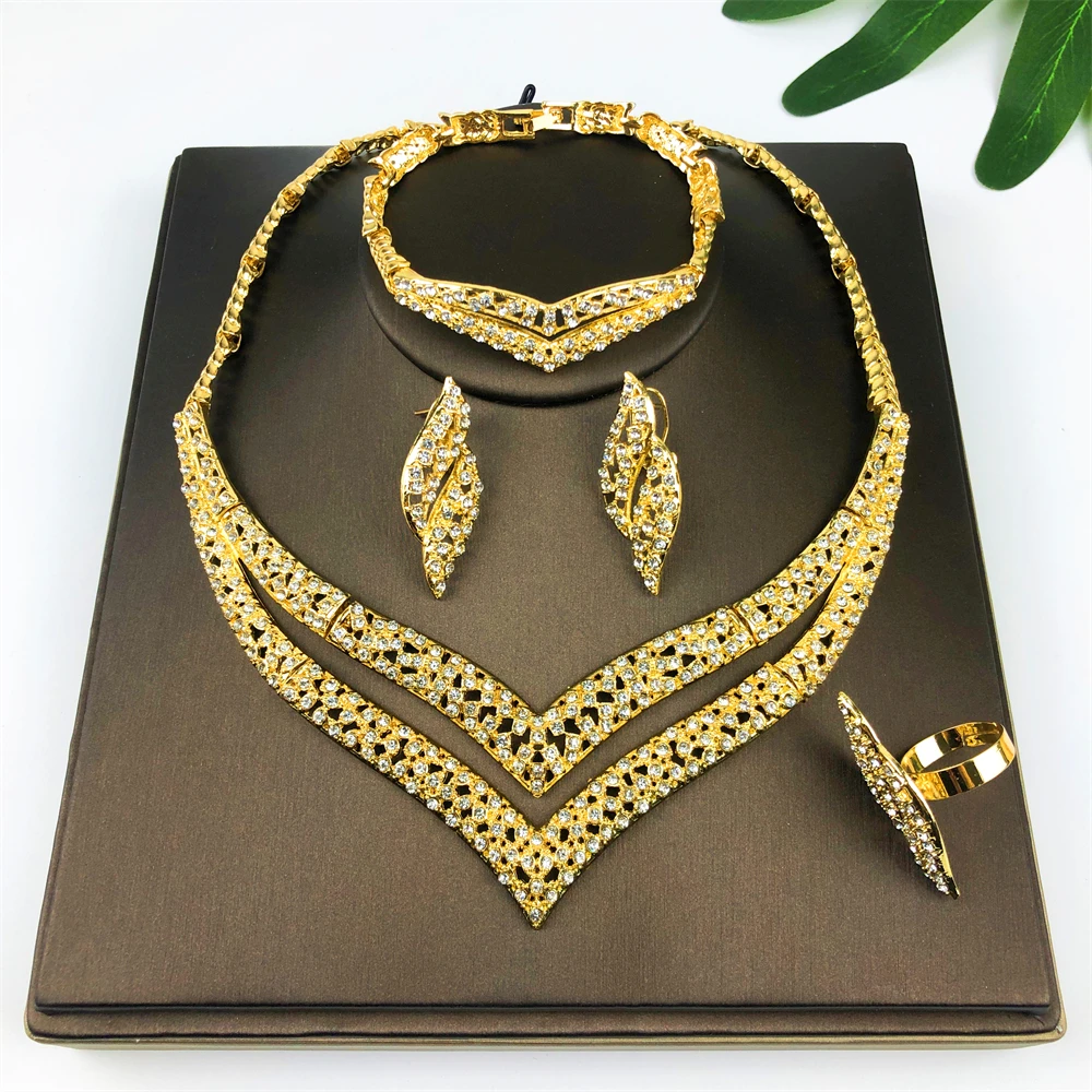 ewelry For Women Fashion Crystal Jewelry Set 18k Gold Plated Rhinestone Clear Crystal Necklace Earrings Accessories Gifts