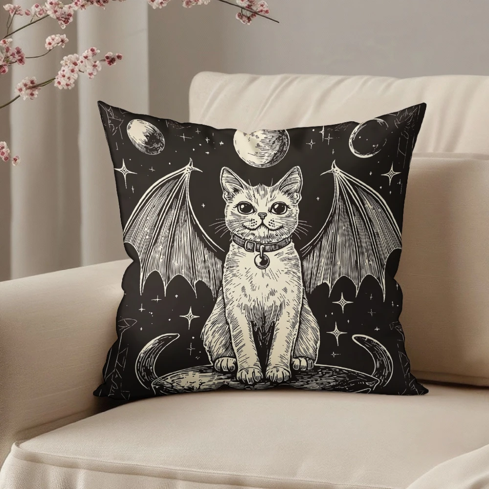 Square Throw Pillow Case Black Gothic Bat Winged Cat Moon And Stars Print For Living Room Sofa Bedroom Home Decor Cushion Cover
