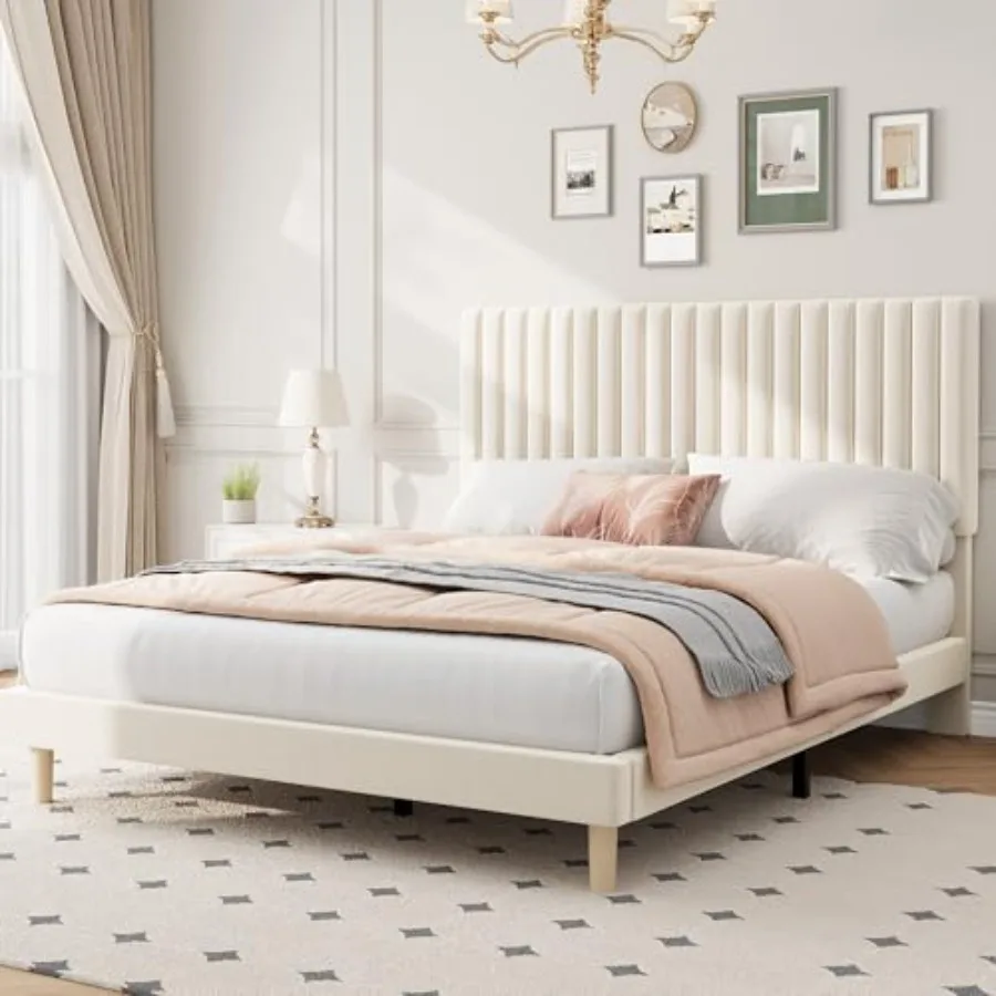 Bed Frame with Adjustable Headboard for Bedroom, Velvet Upholstered Platform Bed in Gray, Soft Touch and Modern Styling