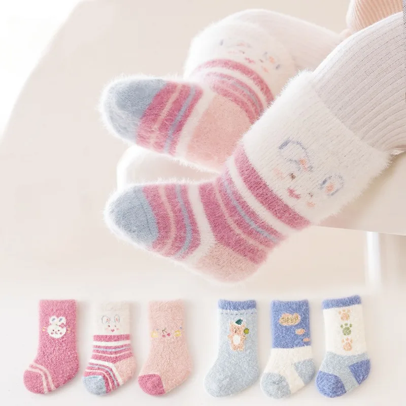 3 Pairs Mink Fleece Toddler Socks with Anti-Slip Grips, Warm Baby First Walk Socks for Indoor Outdoor