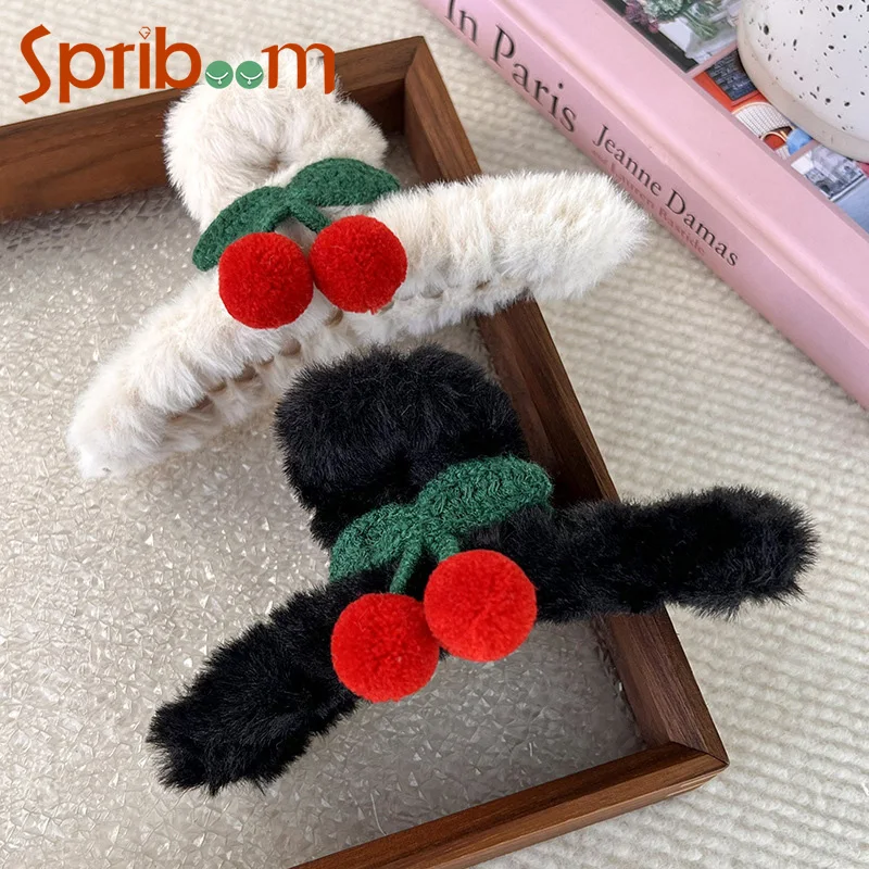 

Plush Cherry Hair Claws for Women Exquisite Cute Shark Hairpins Large Grab Clip Trendy Korean Head Accessory Autumn Winter New