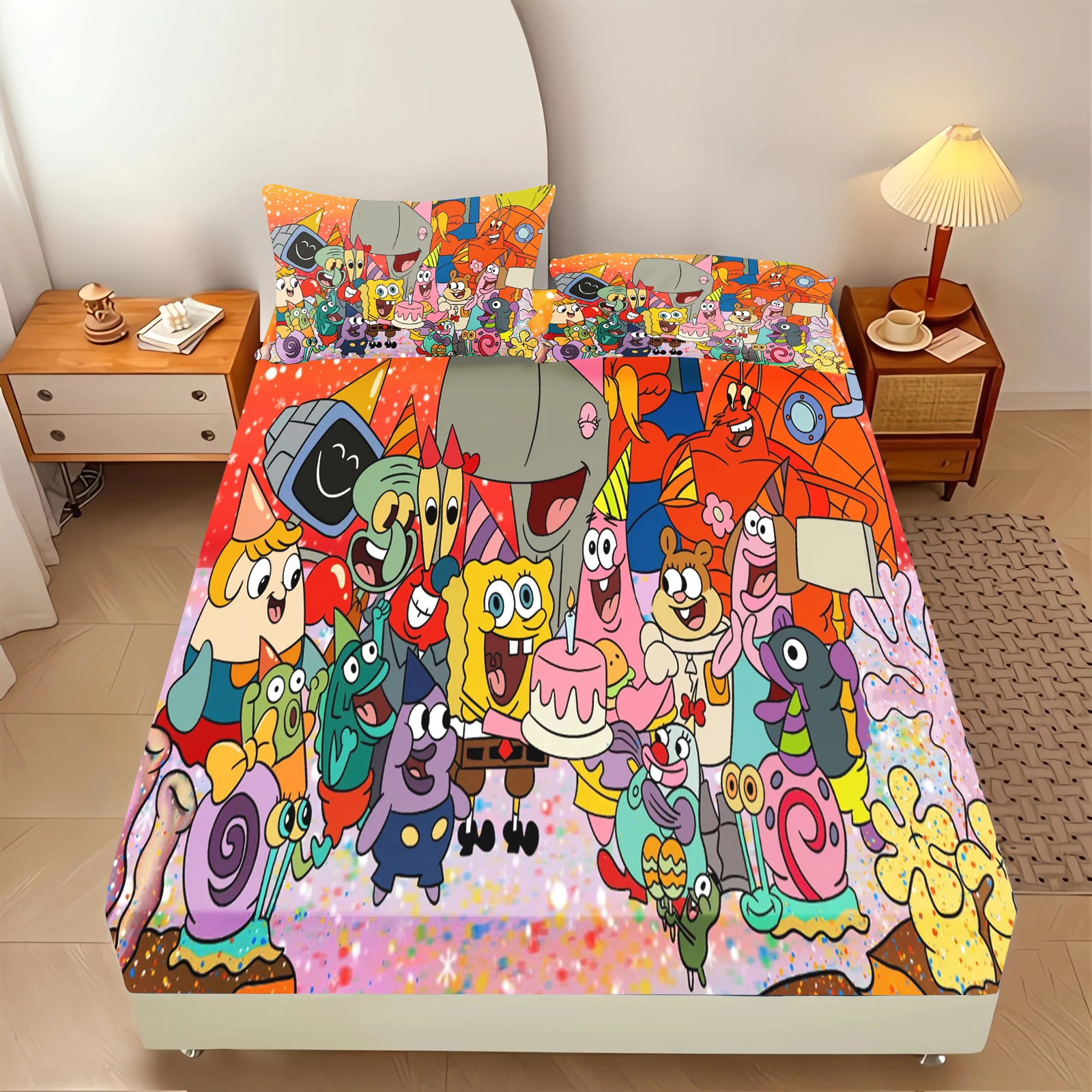 SpongeBob SquarePants Fitted Sheet Set Cartoon Patrick Print Bed Sheet Pillowcase Soft Microfiber Kids Bedroom Bedding view 2