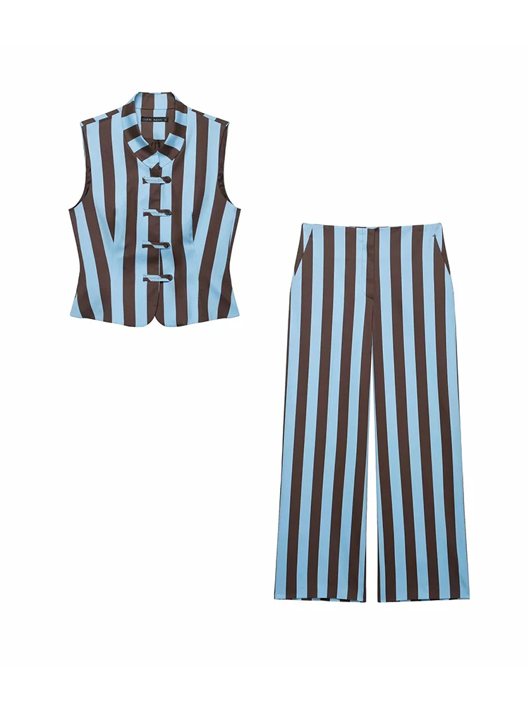 Women Fashion Summer 2026 Women Striped Casual Suit Knots Straight Vest+Zipper Pockets Long Pants Vintage Female Chic Lady Suits