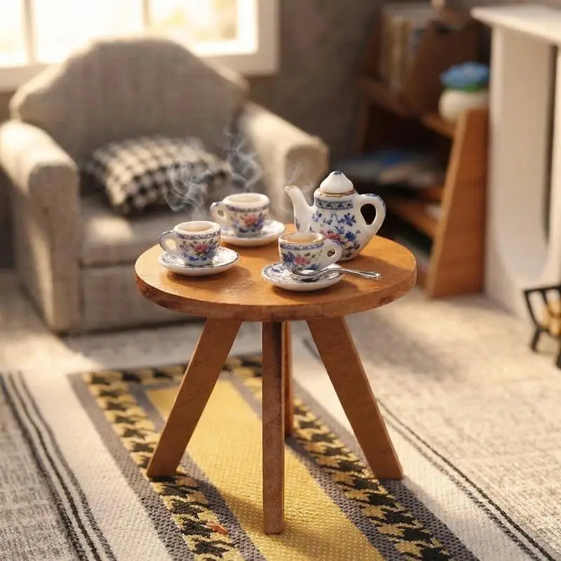 

1/12 Dollhouse Simulation Mini Round Tea Coffee Table Model Dollhouse Wooden Furniture Decoration Dolls House Pretend Play Toys