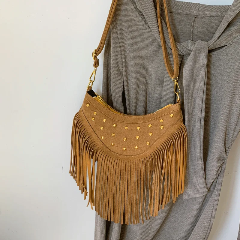 Women Retro Matte Hobo Bag Rivet Tassel Mini Shoulder Crossbody Purse Autumn New Fashion Handbag